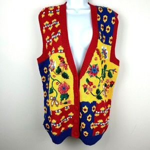 Marisa Christina Hand Knit Sweater Vest Red Flower Garden Vintage Size Medium